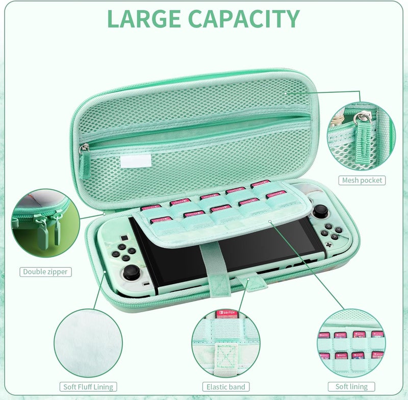 F'DIARY Carrying Case for Nintendo Switch OLED, Shockproof Hard Shell Portable Travel Bag for Accessories Kit with PC Protective Cover, Screen Protector, Shoulder Strap & 2 Thumb Grips, Green Marble - Image 2